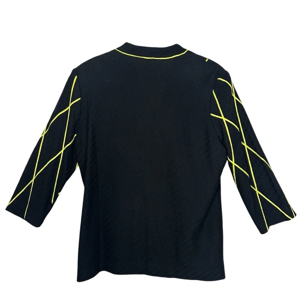 Misook XL Black Yellow Geometric Knit Open Front Clip Cardigan Jacket 3/4 Sleeve - Picture 3 of 11